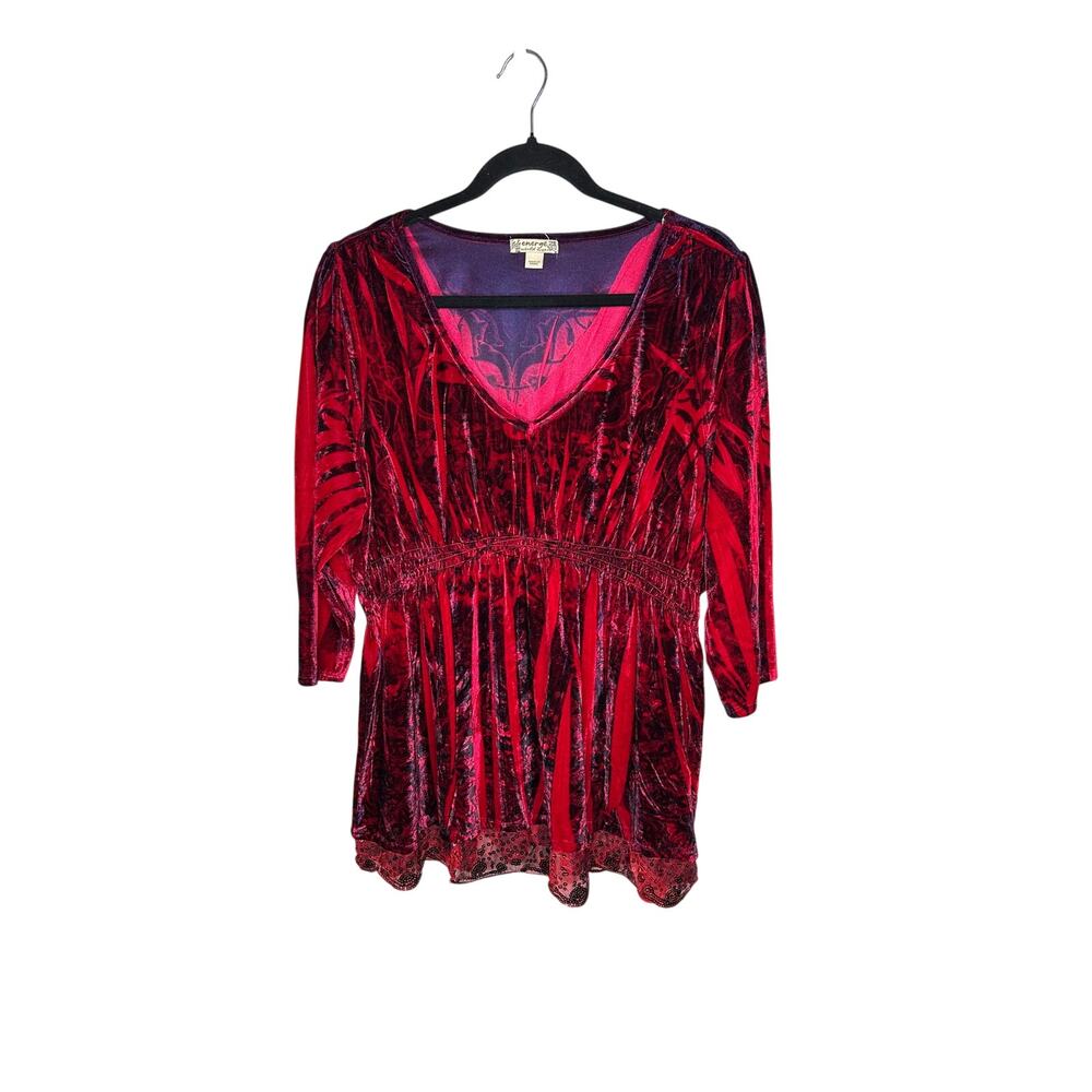 Vintage 2001 Energe Red Velvet‎ Whimsigoth Babydoll Top Lace Sequin Plus Size 2X